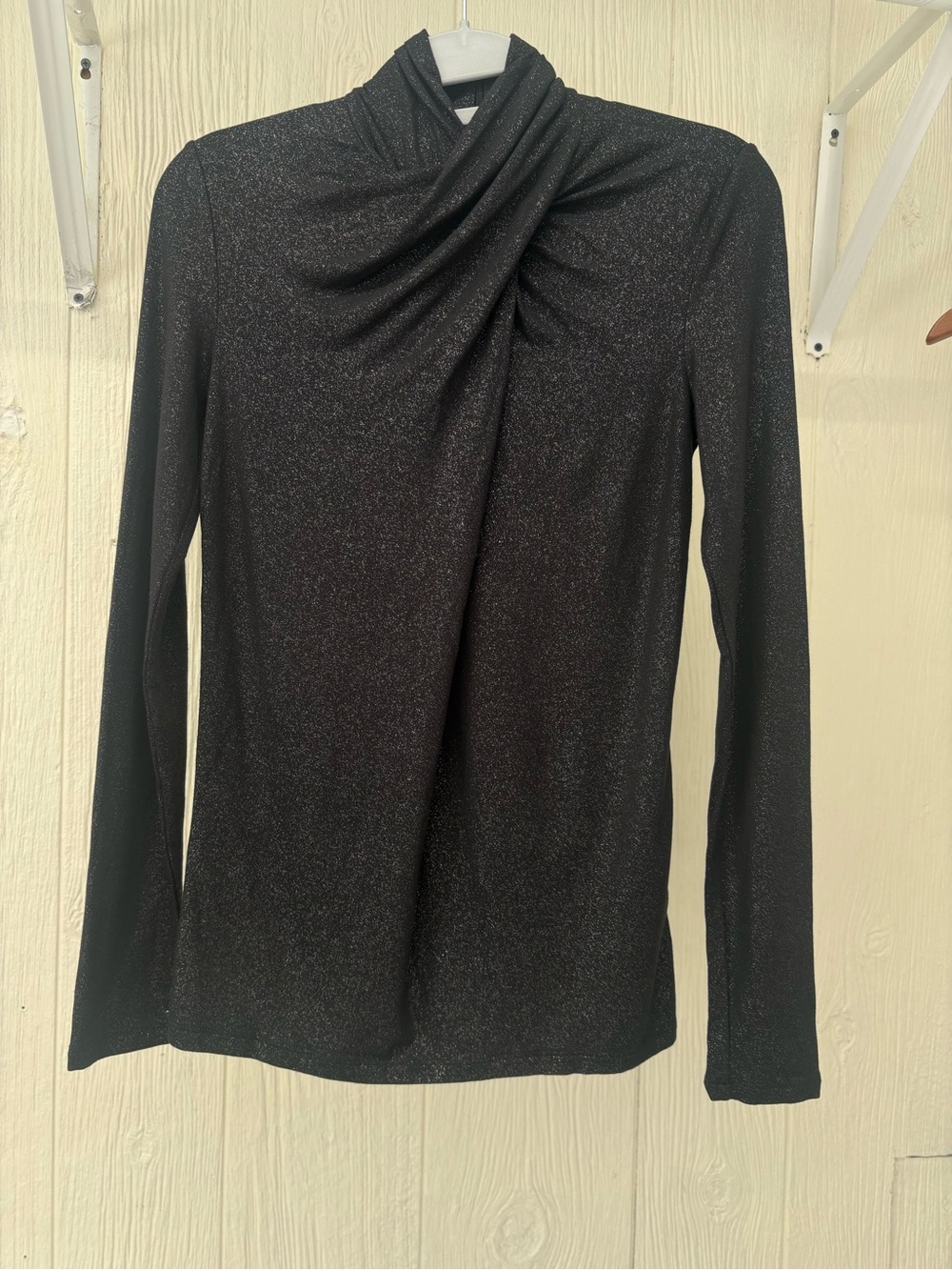 LAUREN by Ralph Lauren Black Metallic Long-Sleeve Draped Neck Top
